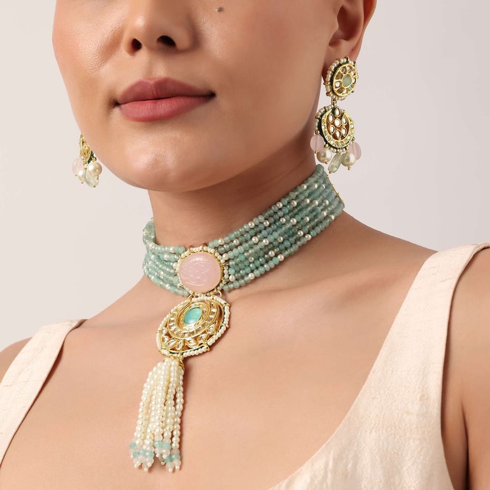 Pink And Green Pendant Necklace Set With Encrusted Kundan