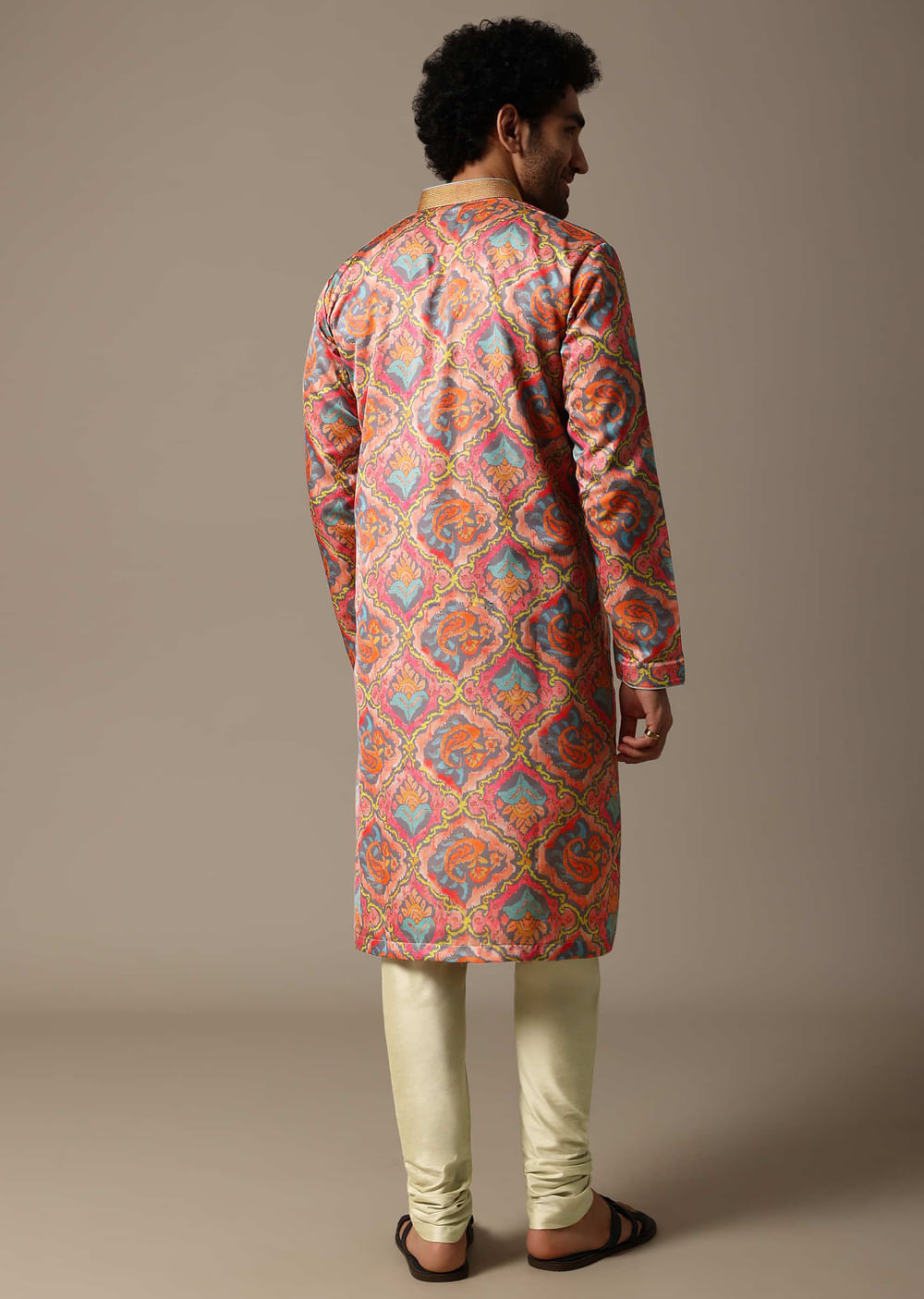 Pink And Green Printed Silk Kurta Set For Men