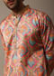 Pink And Green Printed Silk Kurta Set For Men