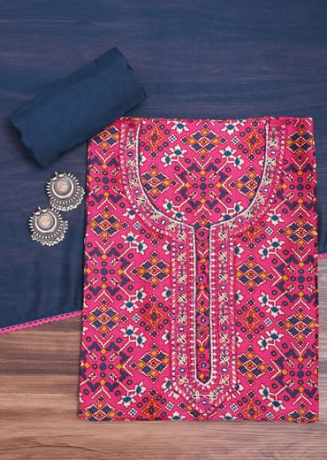 Pink And Navy Blue Patola Printed Tussar Dress Material