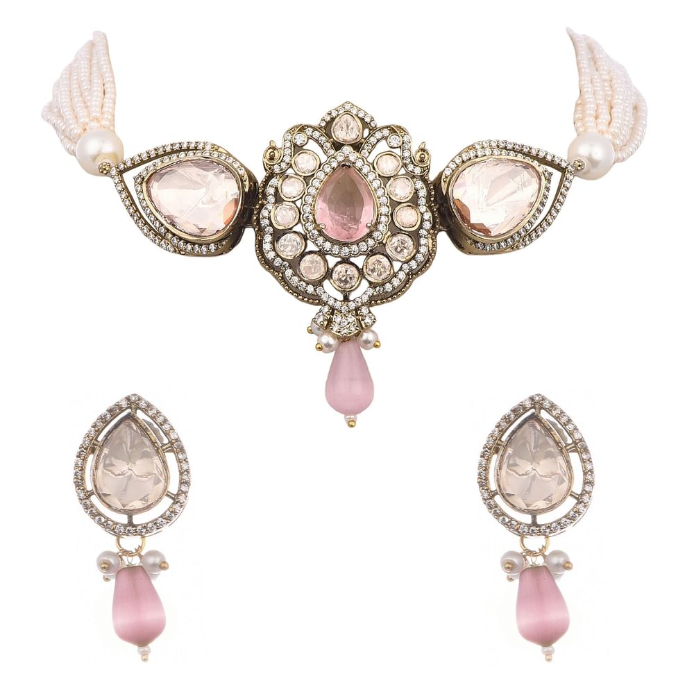 Pink And Silver Uncut Polki Choker Set In Mix Metal