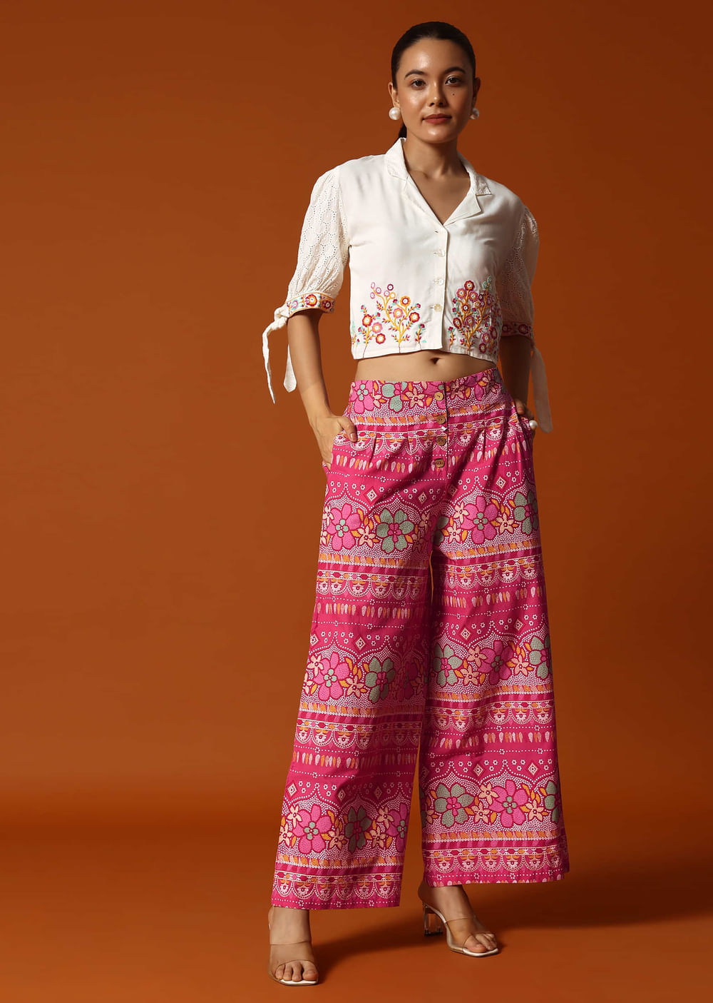 Pink And White Printed Crop Top And Palazzo