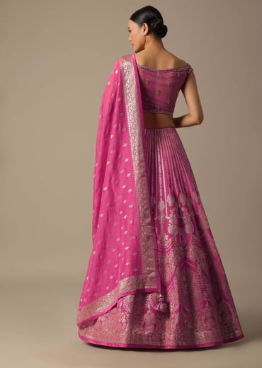 Pink Banarasi Silk Lehenga Set With Gota Patti