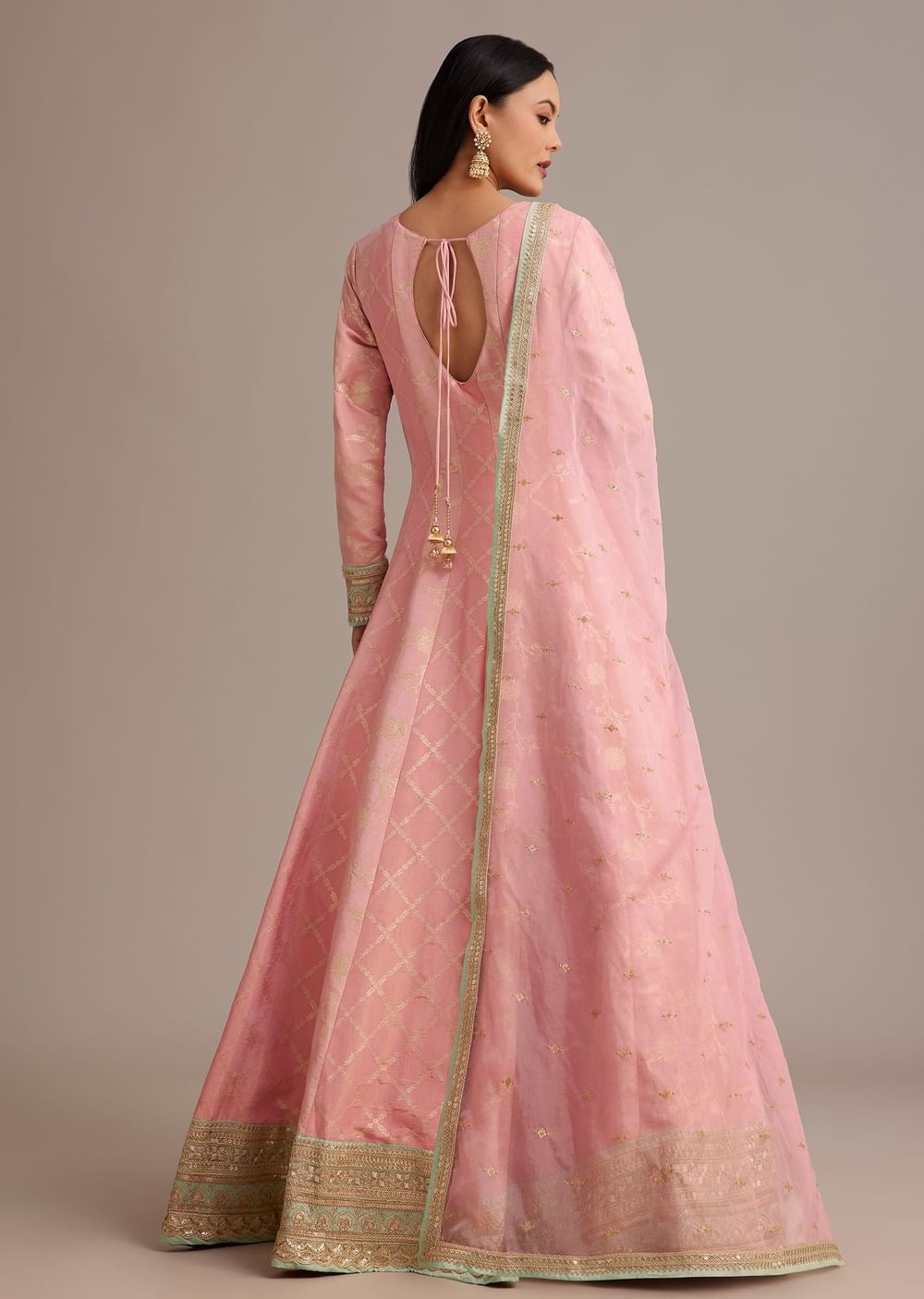 Pink Banarasi Tissue Anarkali Set With Zardosi And Cut Dana Work