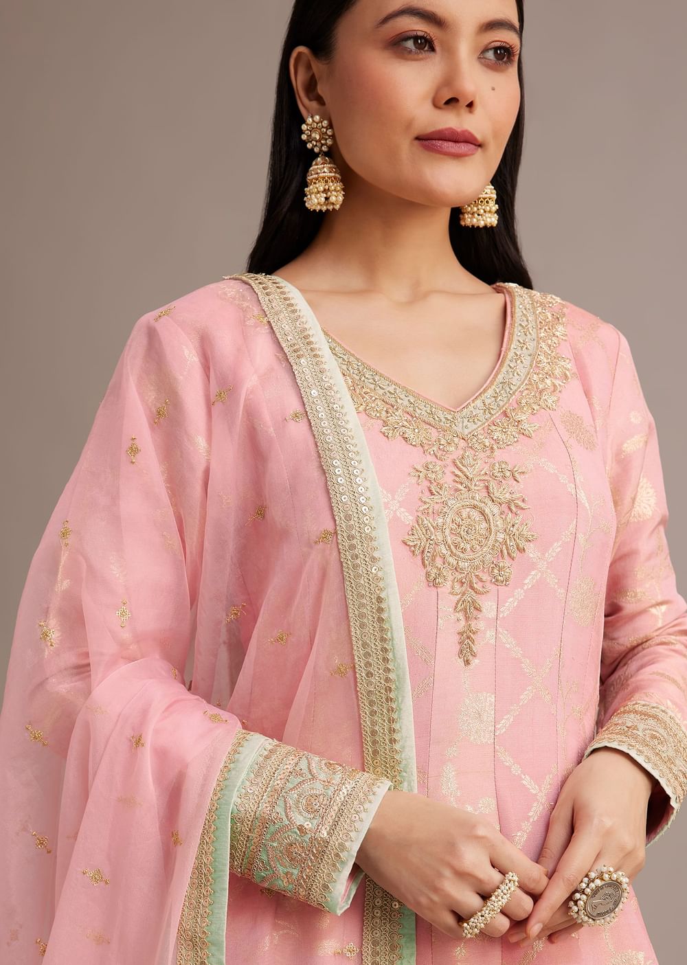 Pink Banarasi Tissue Anarkali Set With Zardosi And Cut Dana Work