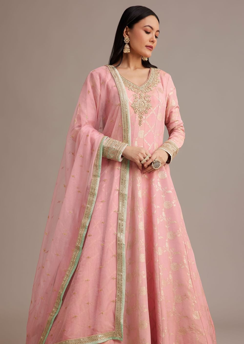 Pink Banarasi Tissue Anarkali Set With Zardosi And Cut Dana Work