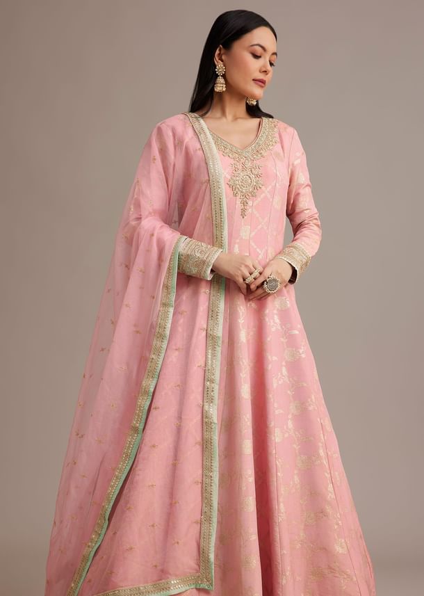 Pink Banarasi Tissue Anarkali Set With Zardosi And Cut Dana Work