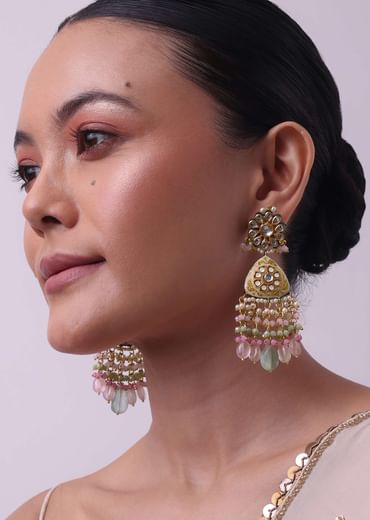 Pink Beaded Kundan Danglers In Gold Finish