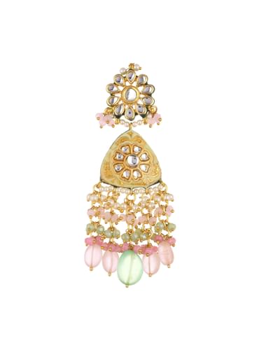 Pink Beaded Kundan Danglers In Gold Finish