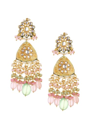 Pink Beaded Kundan Danglers In Gold Finish
