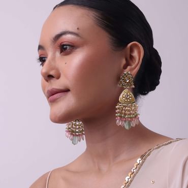Pink Beaded Kundan Danglers In Gold Finish