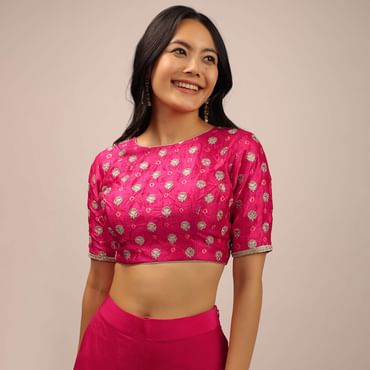 Pink Blouse In Brocade Silk With Bandhani Print And Half Sleeves