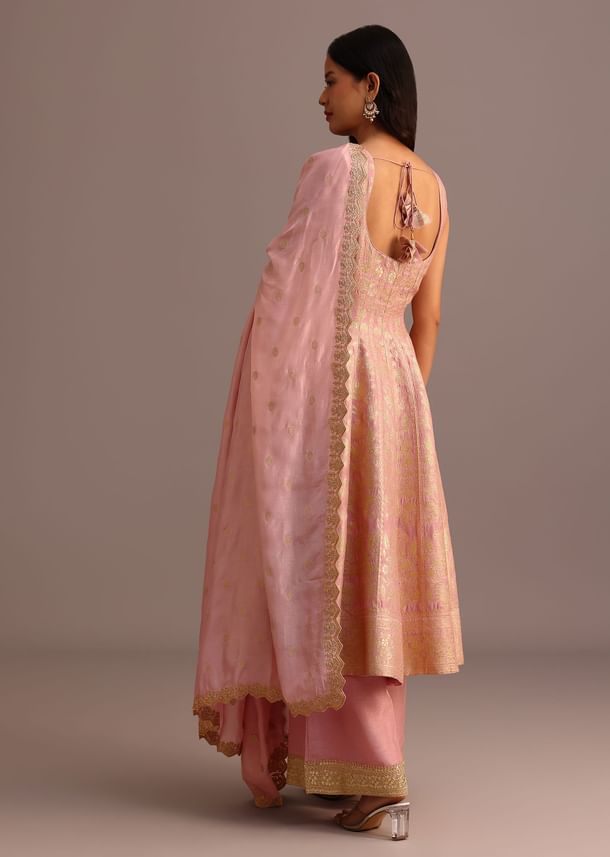 Pink Brocade Weave Kurti Palazzo Suit With Dupatta