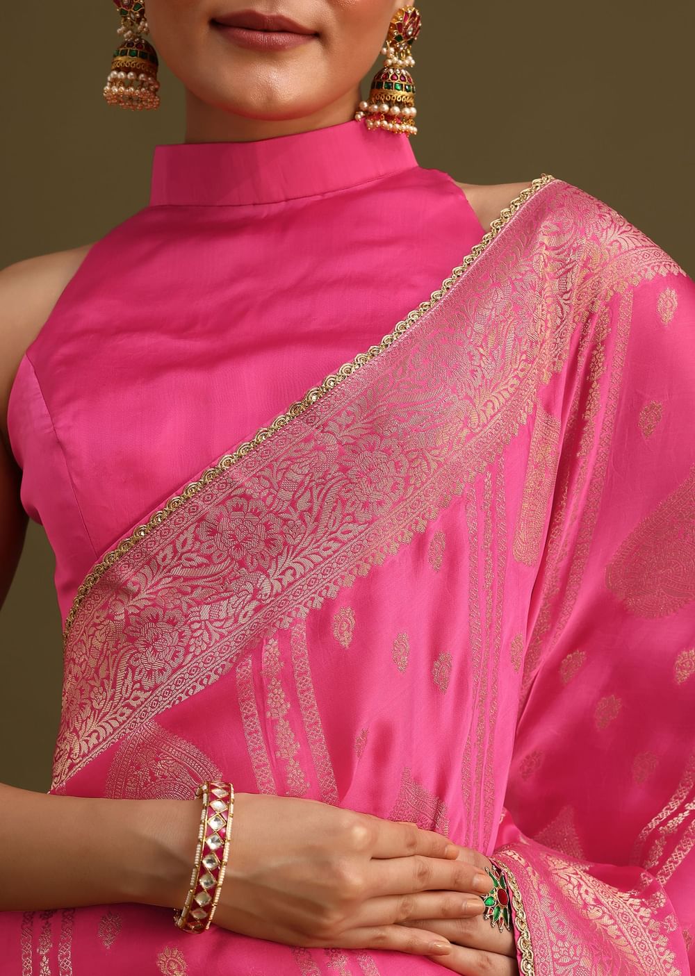 Pink Brocade Zari Weave Saree With Unstitched Blouse