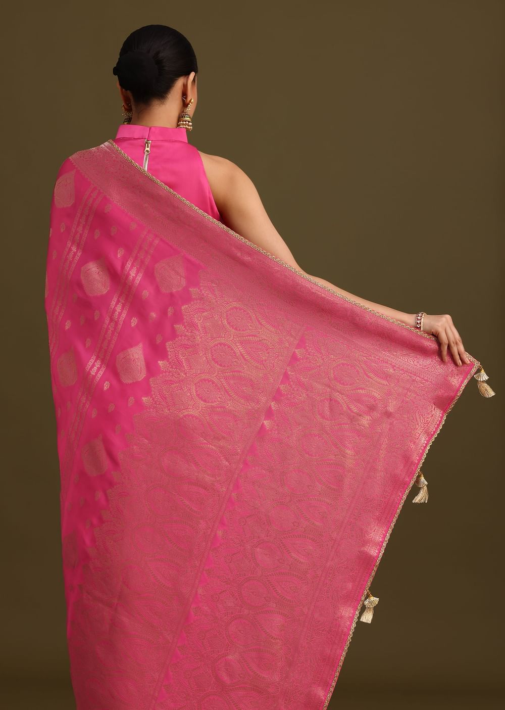 Pink Brocade Zari Weave Saree With Unstitched Blouse