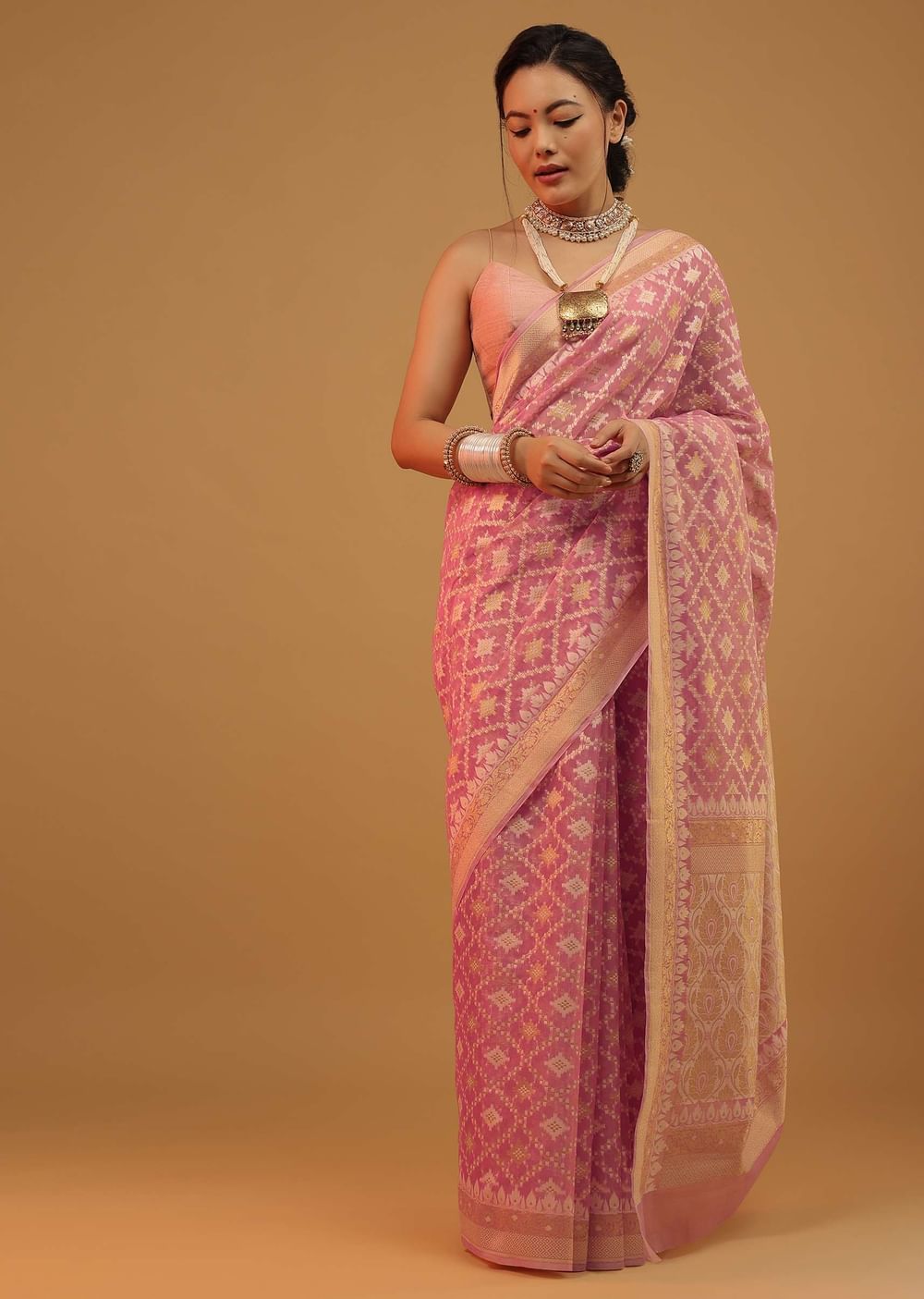 Petal Pink Carnation Saree In Pure Handloom Cotton And Banarasi Chanderi