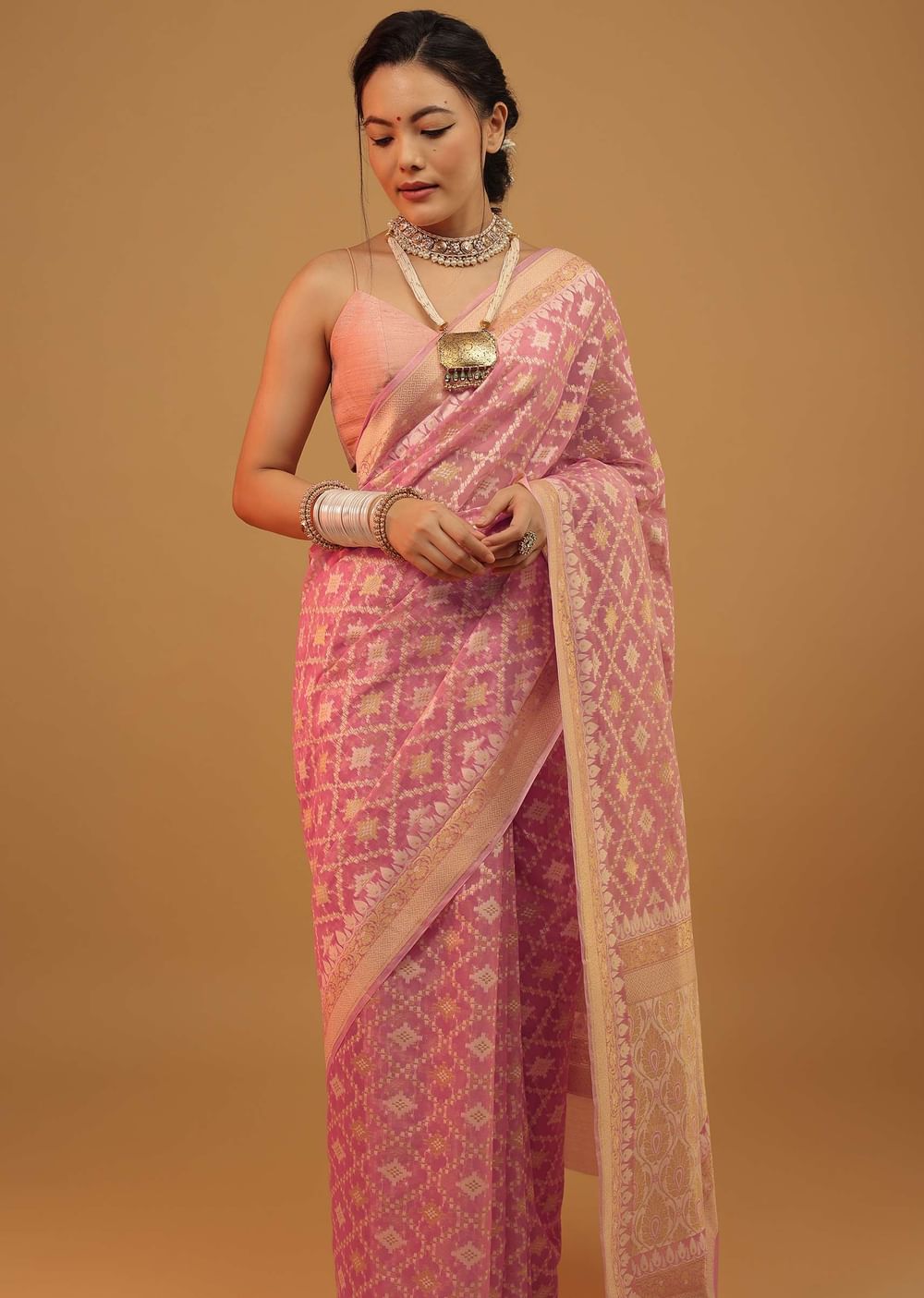 Petal Pink Carnation Saree In Pure Handloom Cotton And Banarasi Chanderi