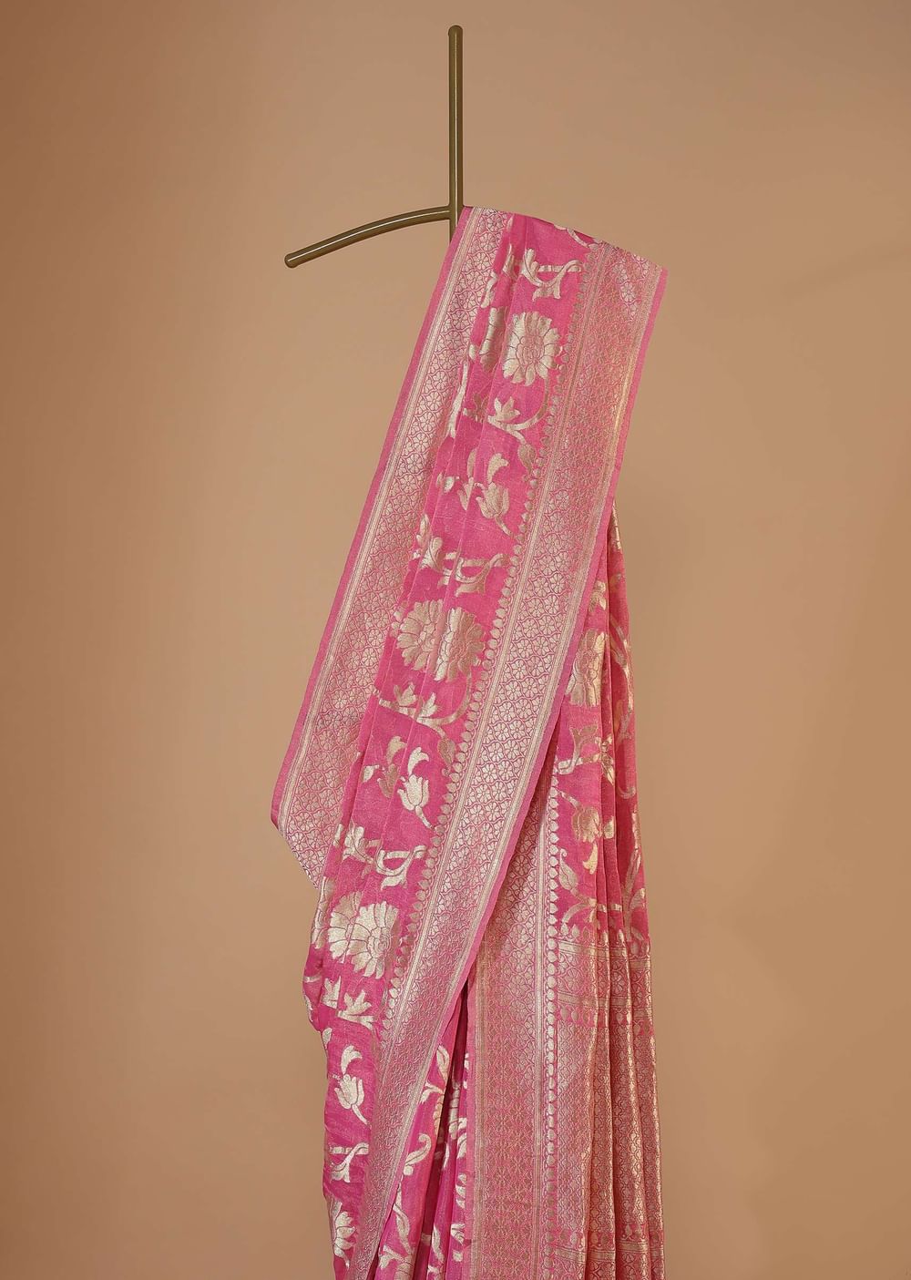 Fuschia Pink Saree In Tissue Georgette With Khaddi Work, Zari Weave And An Unstitched Blouse