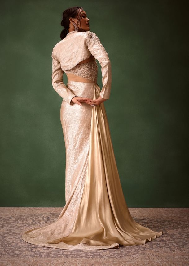 Beige Brocade Gown with Crop Jacket
