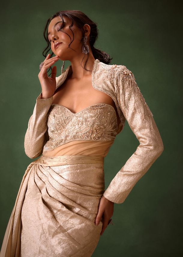 Beige Brocade Gown with Crop Jacket