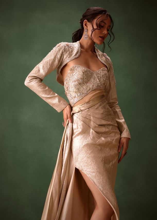 Beige Brocade Gown with Crop Jacket