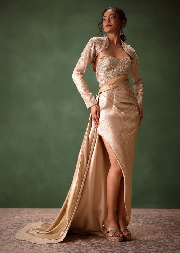 Beige Brocade Gown with Crop Jacket