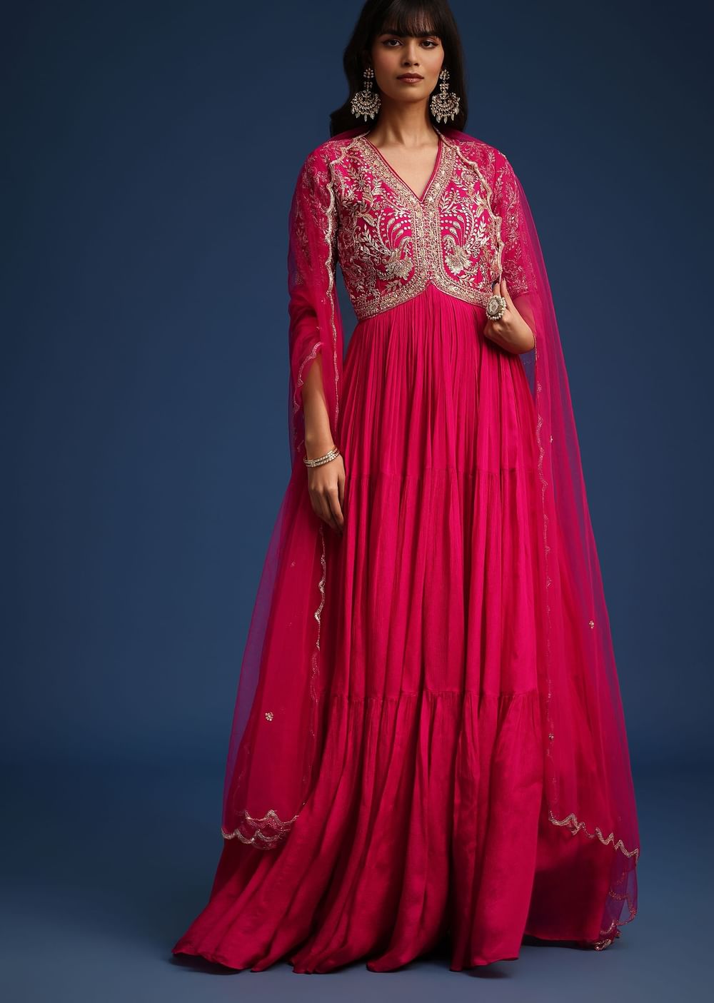 Pink Chinon Zardozi Work Anarkali With Net Dupatta
