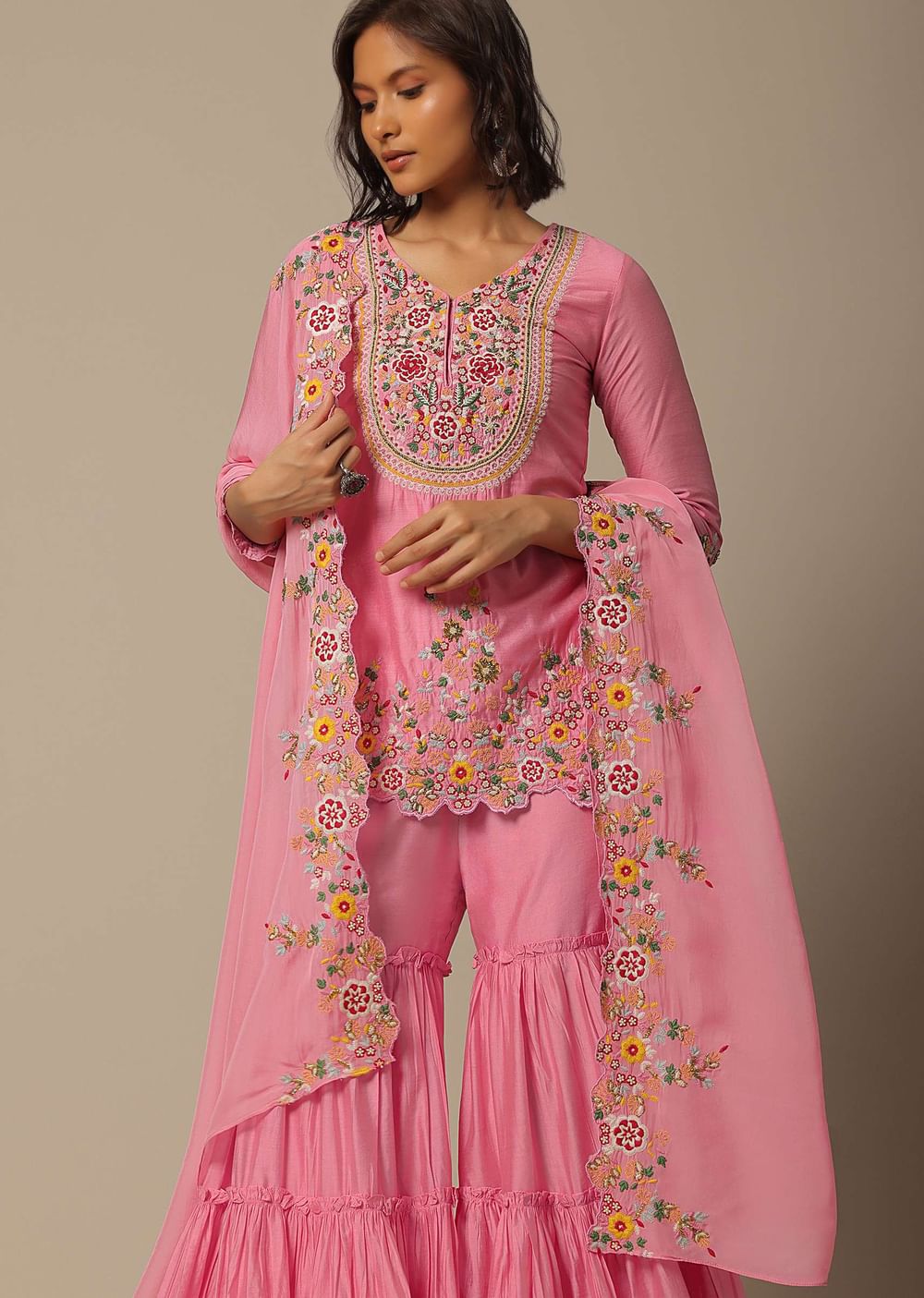 Pink Cotton Sharara Set With Floral Motif Embroidery