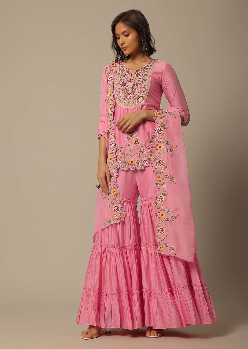 Pink Cotton Sharara Set With Floral Motif Embroidery