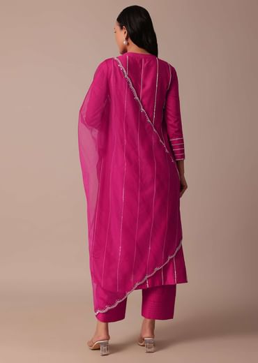 Pink Cotton Silk Pant Set With Embroidered Kurta
