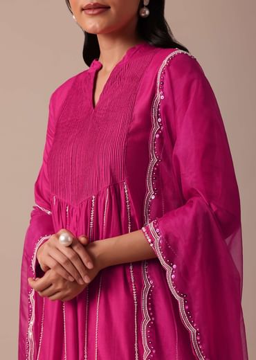 Pink Cotton Silk Pant Set With Embroidered Kurta