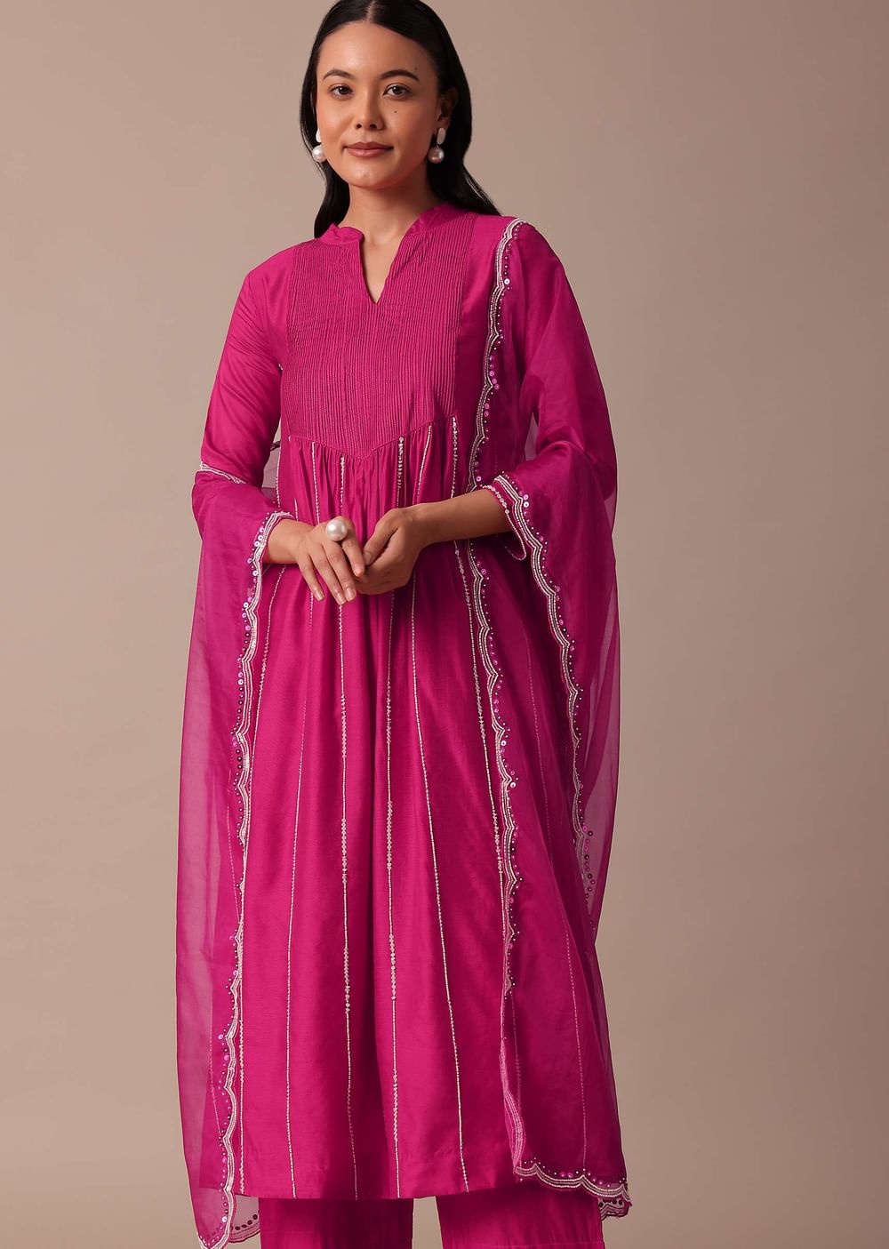 Pink Cotton Silk Pant Set With Embroidered Kurta