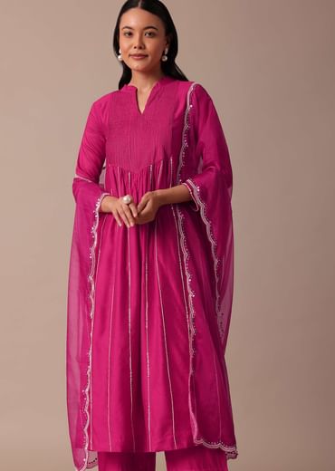 Pink Cotton Silk Pant Set With Embroidered Kurta