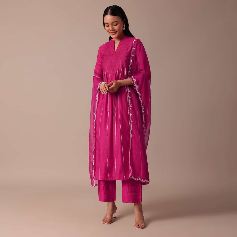 Pink Cotton Silk Pant Set With Embroidered Kurta
