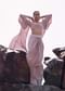 Pink Cowl Blouse With Draped Skirt And Jacket