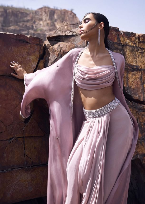 Pink Cowl Blouse With Draped Skirt And Jacket Pink Cowl Blouse With Draped Skirt And Jacket