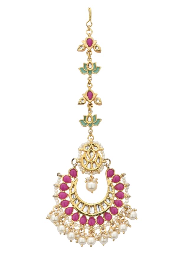 Pink Crescent Mangtikka With Pearl Drops Pink Crescent Mangtikka With Pearl Drops