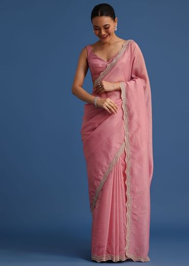 Pink Crushed Tissue Saree With Embroidered Border