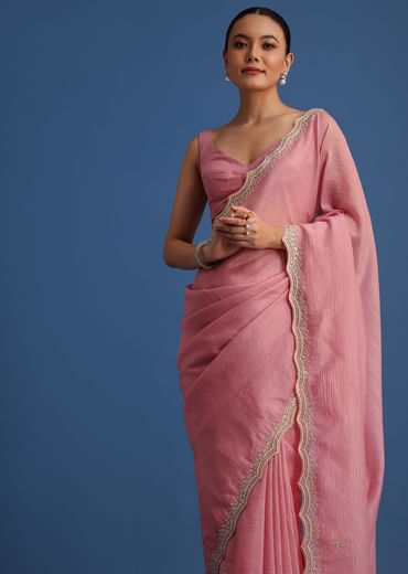 Pink Crushed Tissue Saree With Embroidered Border