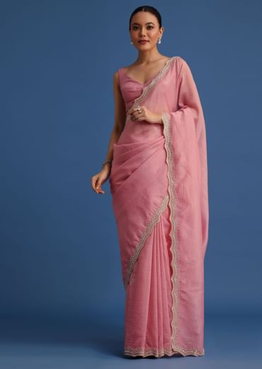 Pink Crushed Tissue Saree With Embroidered Border
