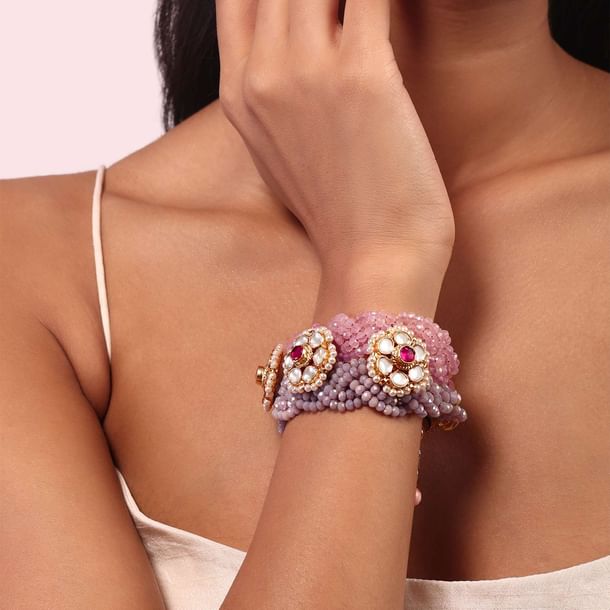 Pink Crystal Beaded With Kundan Studs Bracelet Pink Crystal Beaded With Kundan Studs Bracelet