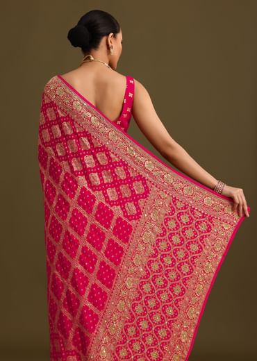 Pink Cutdana Embroidered Bandhani Weave Saree With Unstitched Blouse