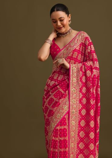 Pink Cutdana Embroidered Bandhani Weave Saree With Unstitched Blouse