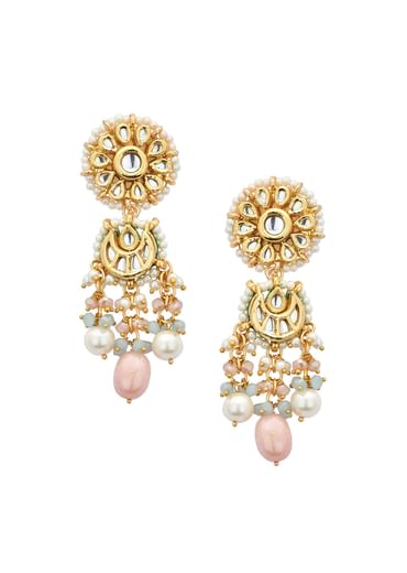 Pink Danglers With Bead Drops And Floral Motif