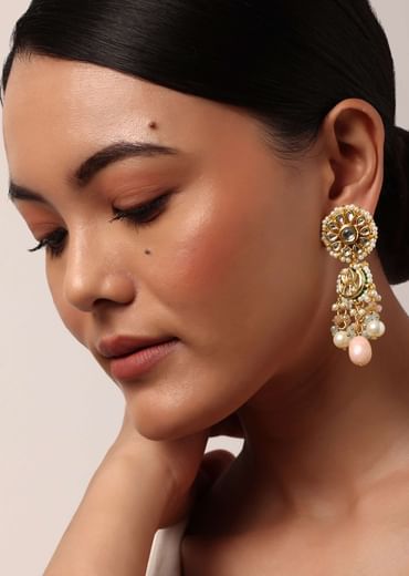Pink Danglers With Bead Drops And Floral Motif