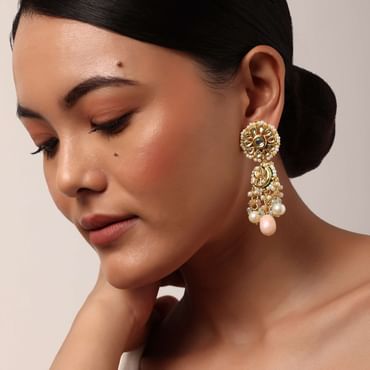 Pink Danglers With Bead Drops And Floral Motif