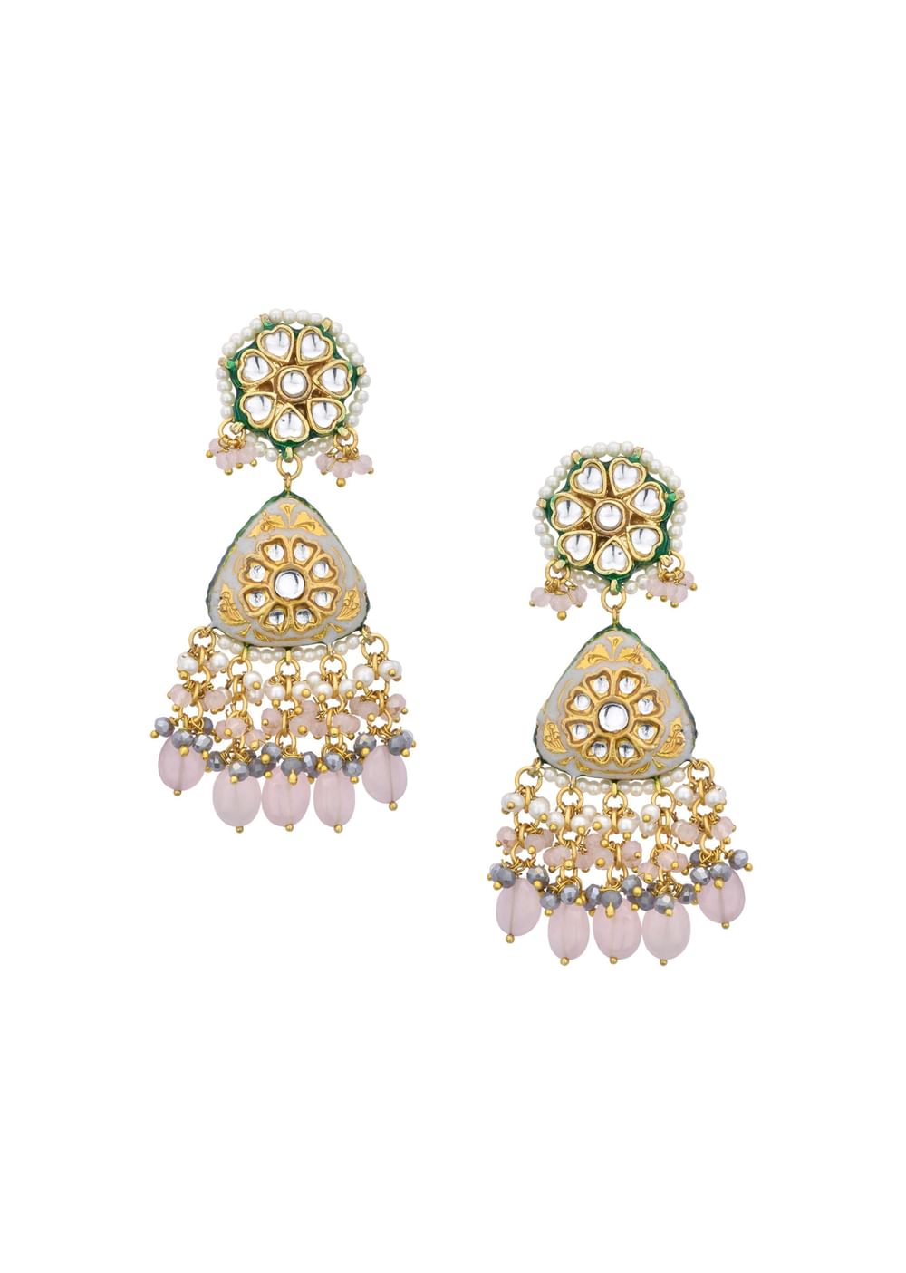 Pink Danglers With Bead Drops And Kundan