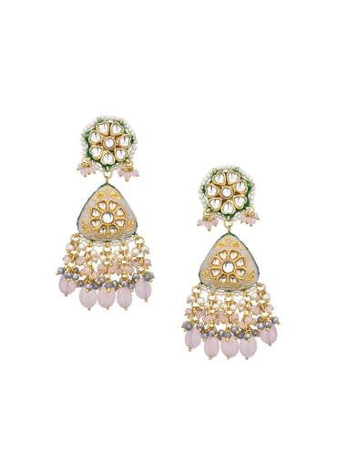 Pink Danglers With Bead Drops And Kundan