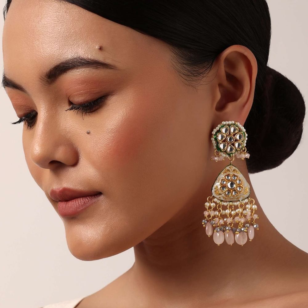 Pink Danglers With Bead Drops And Kundan