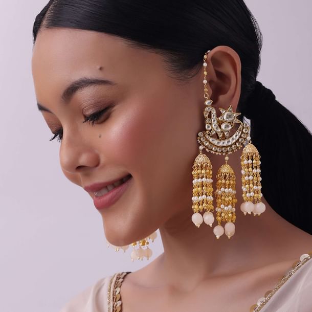 Pink Danglers With Three Bell Drops In Gold Finish Mix Metal Pink Danglers With Three Bell Drops In Gold Finish Mix Metal